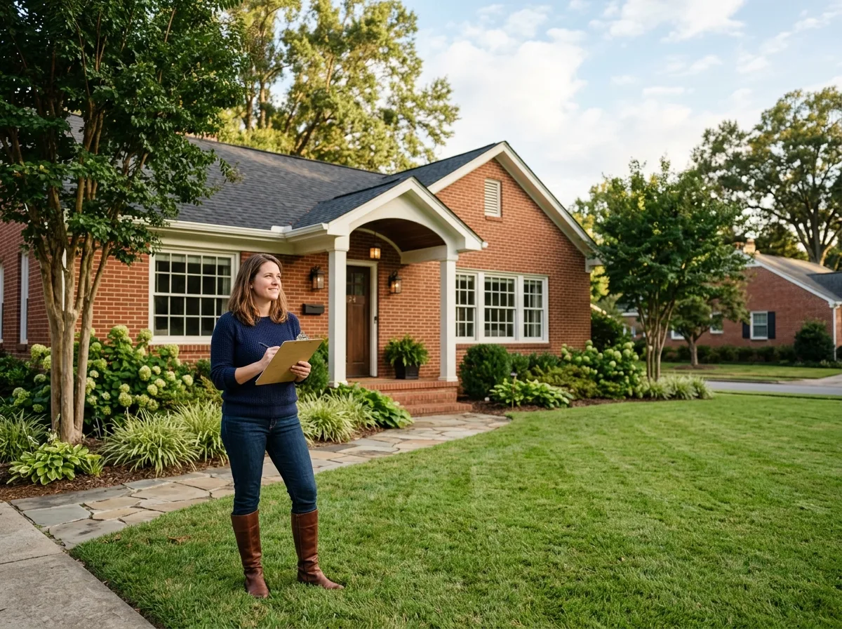 A homeowner standing in front of her well-kept Charlotte-area home, preparing to sell it herself